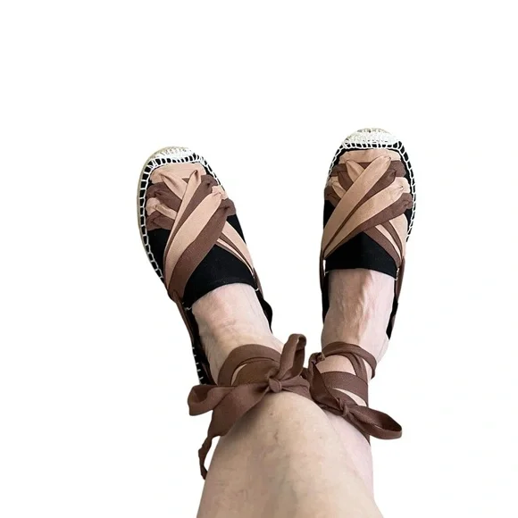 Artesania Hand Made Chic Black and Brown Espadrille Ankle Tie Flats, Sz EU 37 - Picture 2 of 15